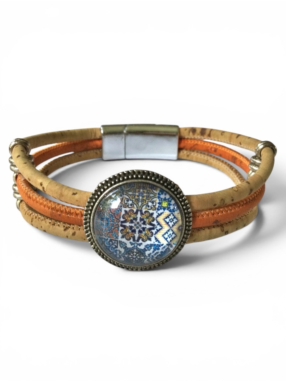 Portuguese Cork & Faux Leather Unisex Bracelet w/ Azulejo Tile Medallion - 7.25" - Picture 4 of 9
